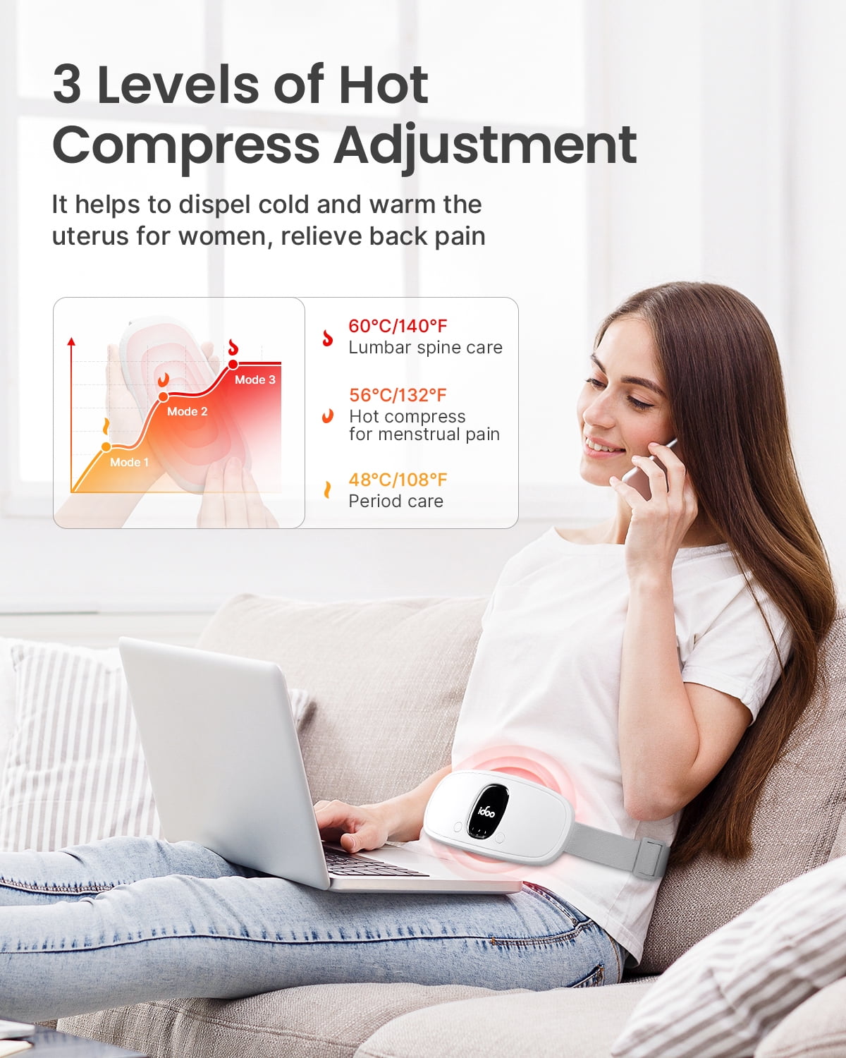 Cordless Electric Heating Pad for Cramps, 3 Heat Setting, 3 Massage Modes, FSA HSA Eligible, White
